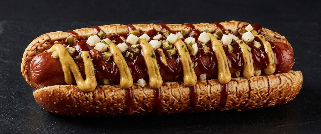 Bacon-wrapped Mexicali hot dog with beans, onions, and jalapeño crema