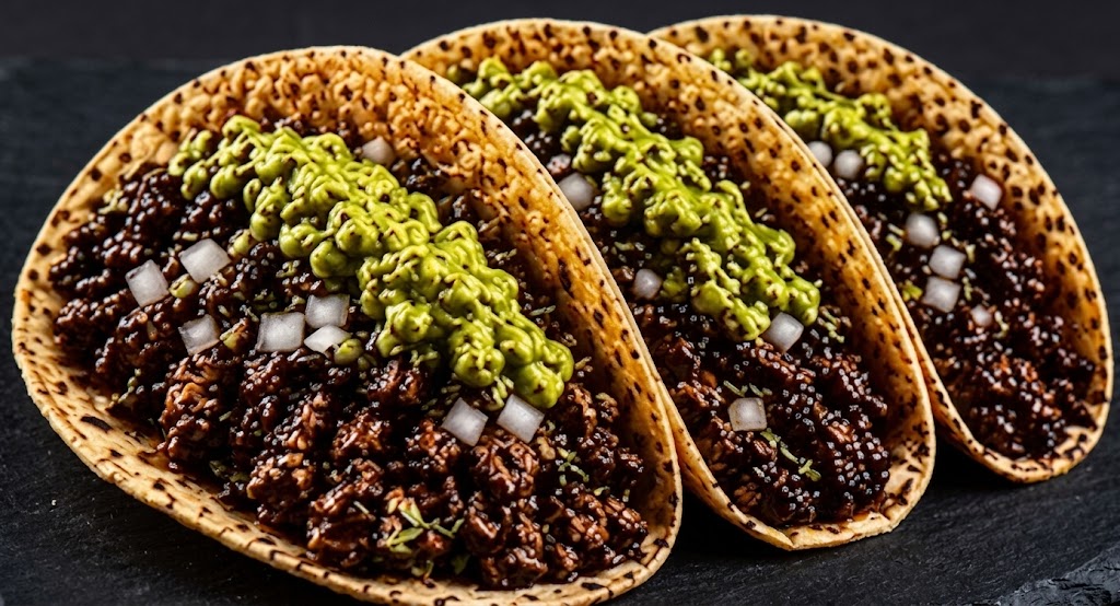 Grilled carne asada tacos with cilantro, onion, and salsa verde